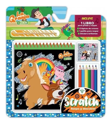 Libro Para Colorear Infantil La Granja De Zenón Scratch Raspa Y Descubre Con Lápices Palillo Para Raspar Stickers Brillantes