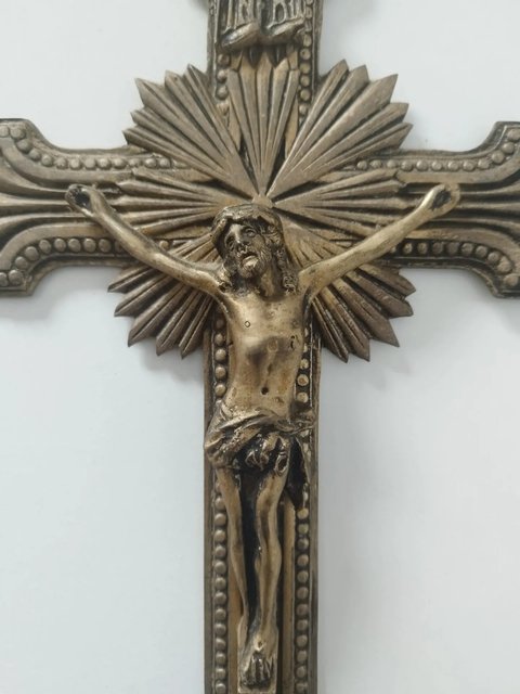 Cruz Bronce Pared Cristo Inri Antigua Relieve Catolica 36 Cm