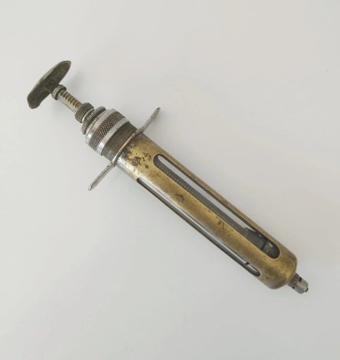Jeringa Antigua Veterinaria Vidrio Metal Coleccion Campo Uso