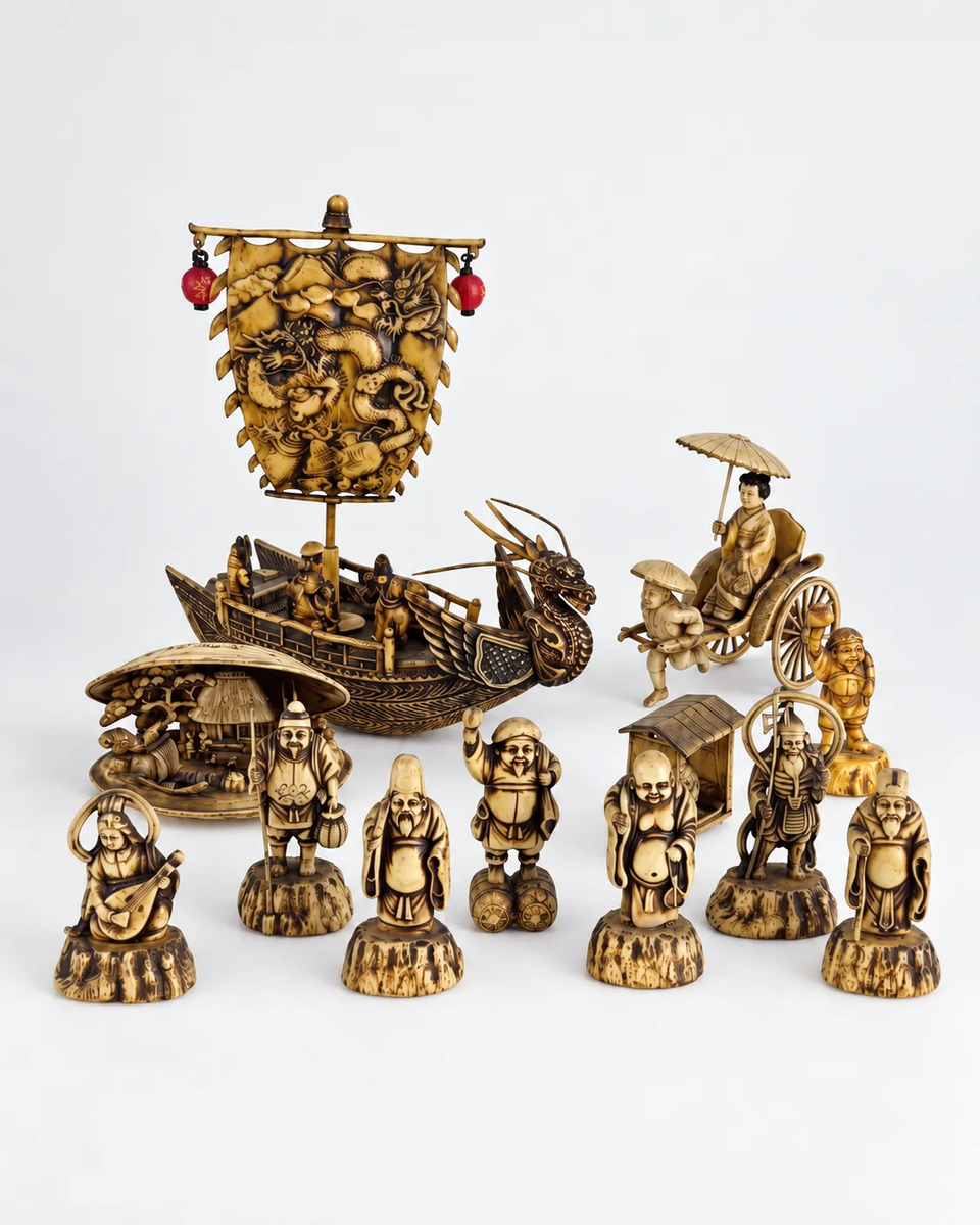 Lote 11 Figuras Japonesas Fortuna Resina Simil Marfil Dioses Beige — imagen 1