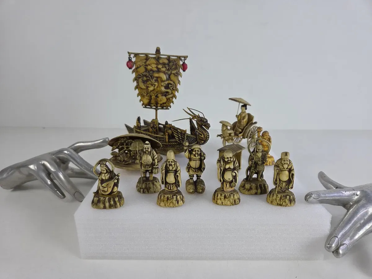 Lote 11 Figuras Japonesas Fortuna Resina Simil Marfil Dioses Beige — imagen 4